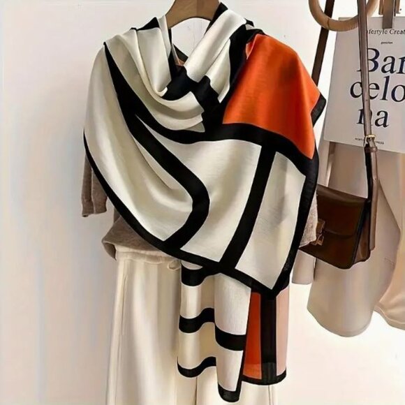 Accessories | New Orange Black Ivory Colorblock Large Woven Wrap Scarf ...